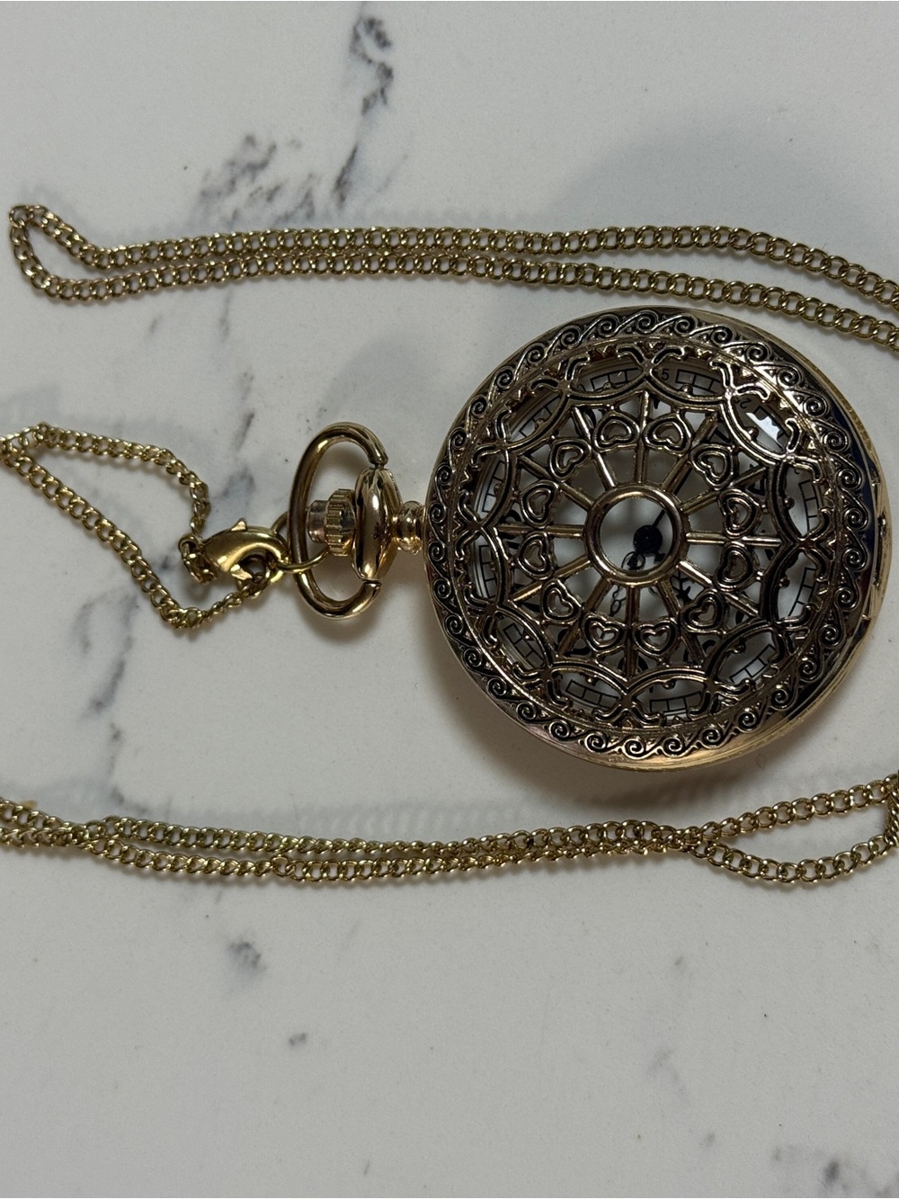 Long Goldtone Chain w Large Watch w/Lacey Cover Pendant Necklace 31”length works - Picture 7 of 7
